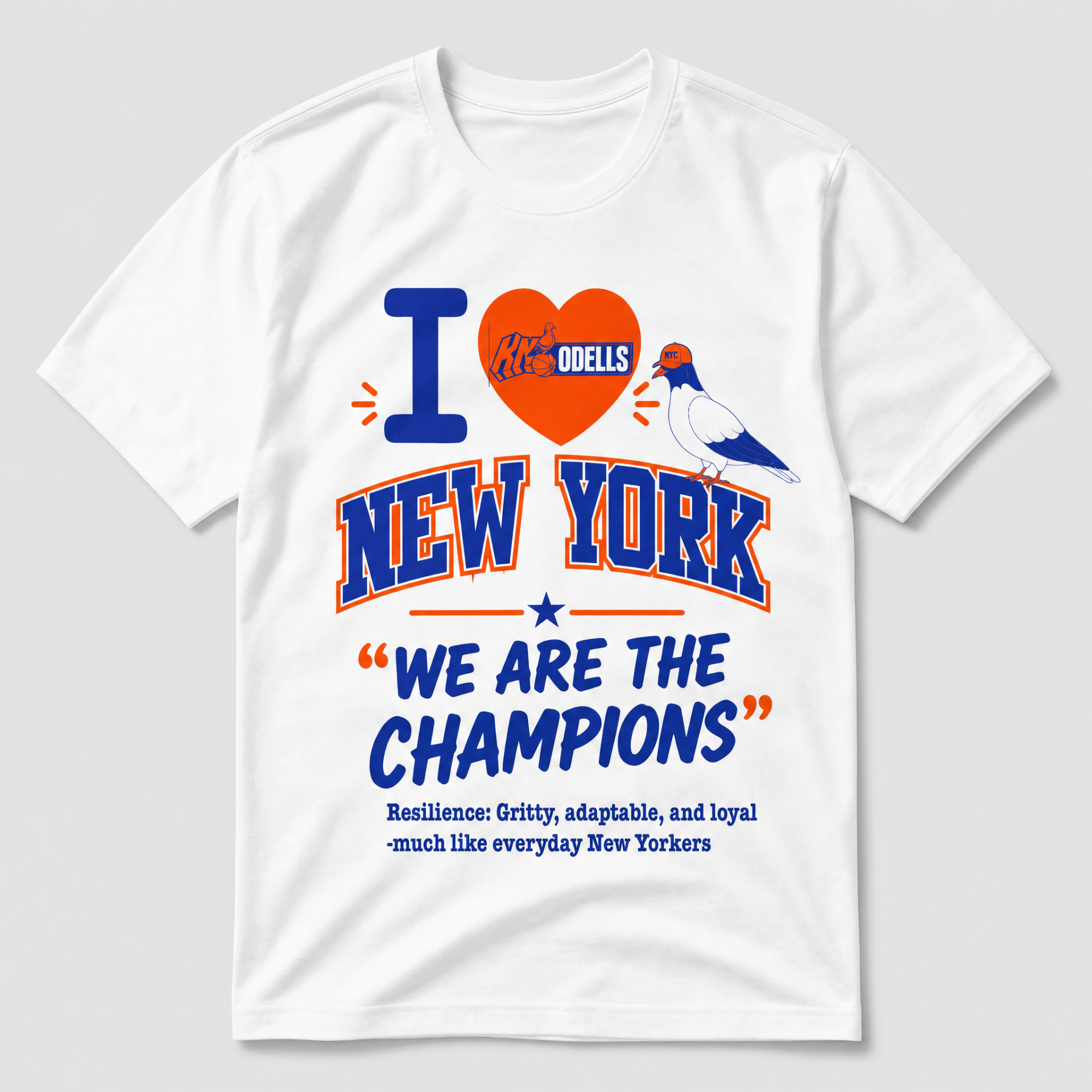 I ❤️ New York — We Are The Champions tee with pigeon design